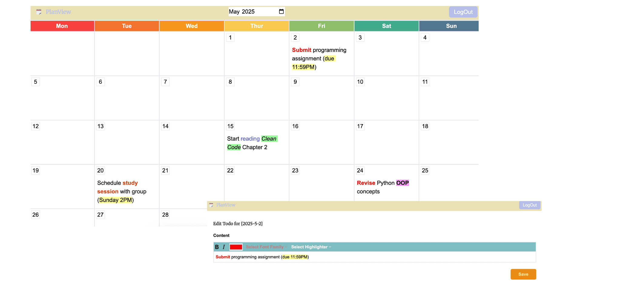 Student calendar app interface showing tasks for May 2025